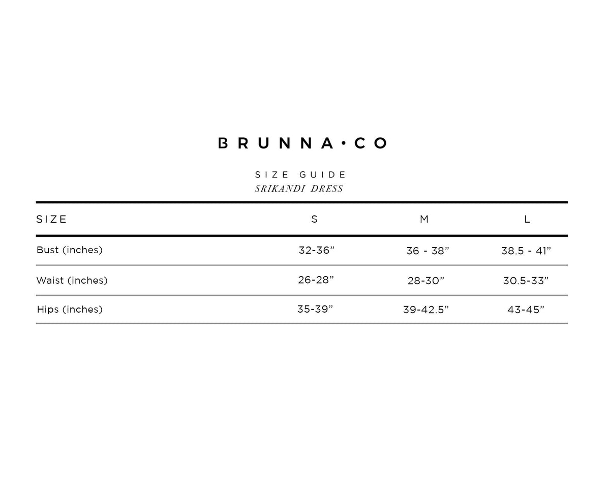 BRUNNACO size guide chart for Srikandi dress with bust, waist, and hip measurements