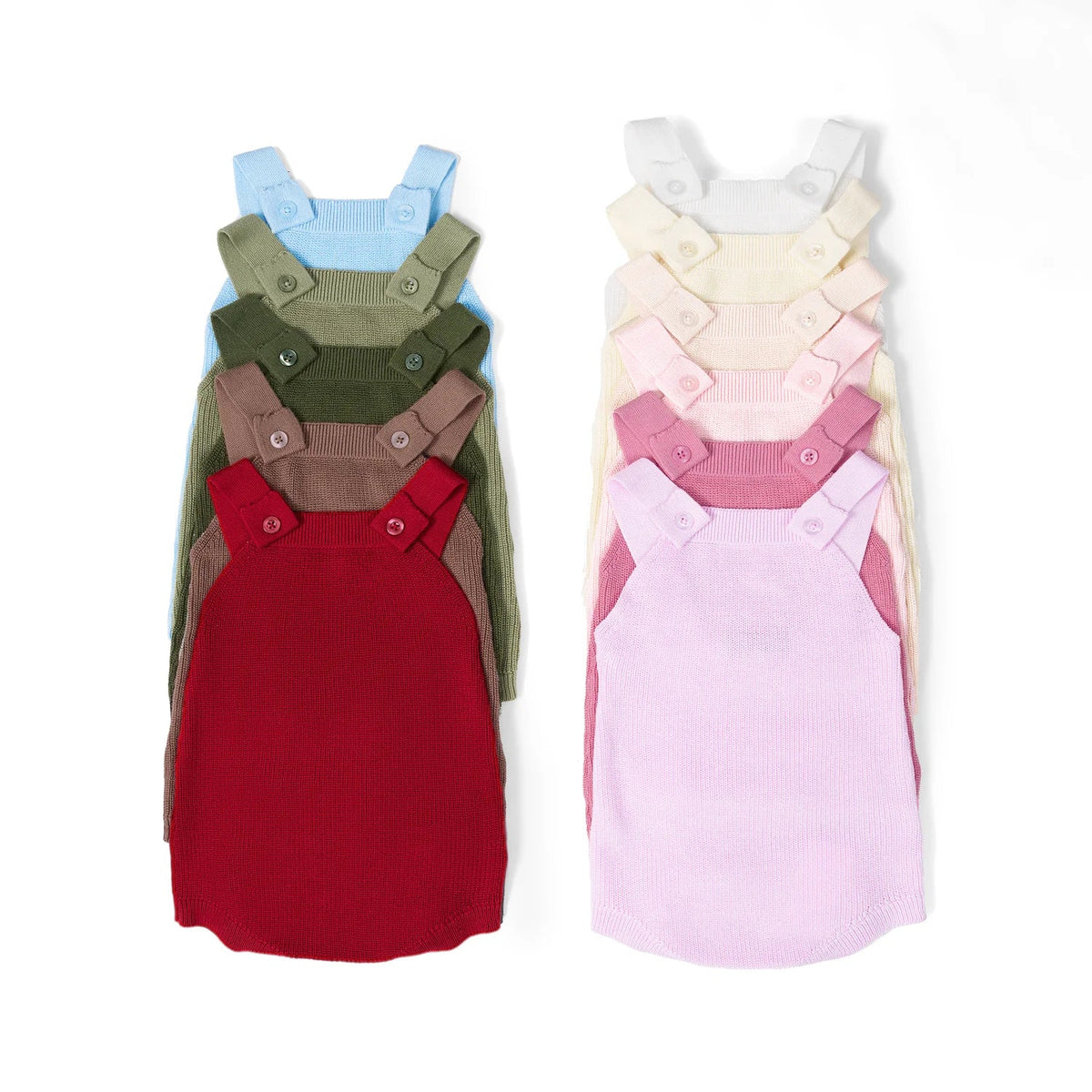 Assorted knit button-strap rompers in dark green, red, pink, and blue