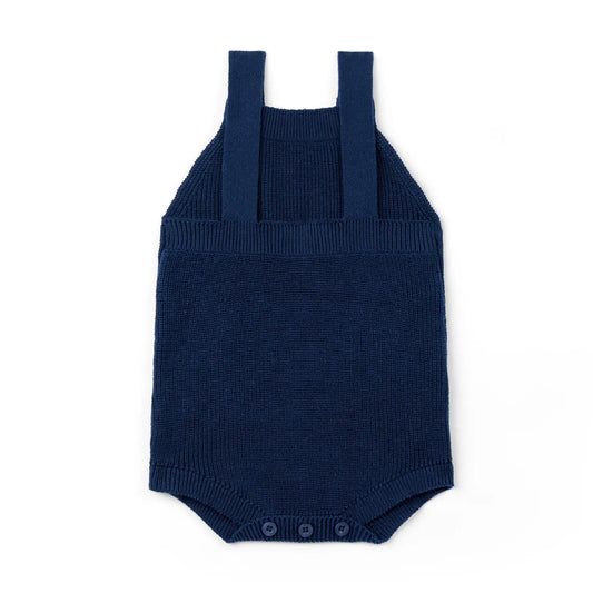 Navy knit baby romper with button straps and ribbed waist