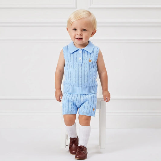 Baby blue cable-knit shorts on a toddler, ribbed elastic waistband