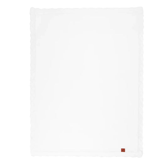 Heirloom lace knit baby blanket in white, flat with textured lace border