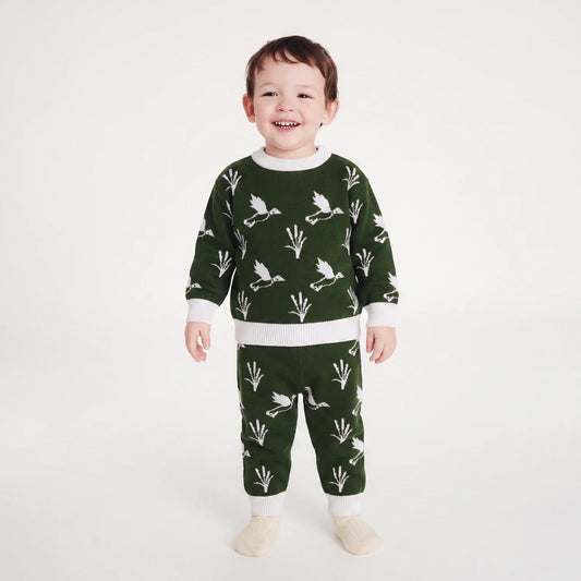 Kids dark green knit sweater and joggers set with white duck and plant print, ribbed cuffs