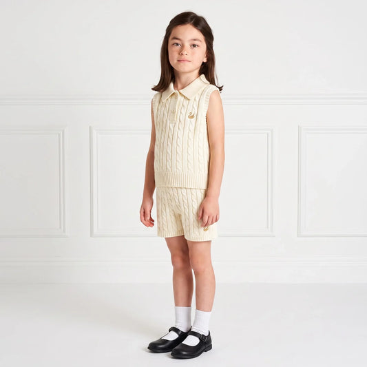 Cream cable knit shorts with ribbed waistband, shown worn with matching sleeveless top