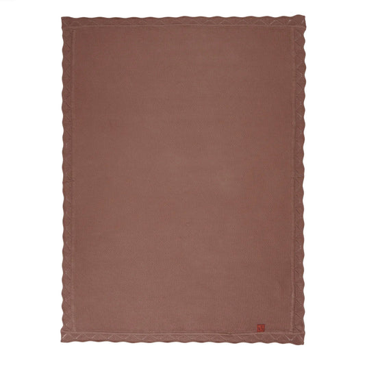 Mocha knit baby blanket with lace trim border, flat lay