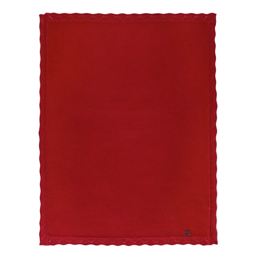 Red lace-knit baby blanket, square with scalloped edge and stitched border