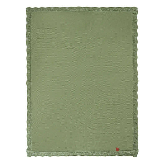 Sage green lace knit baby blanket with decorative scalloped edge, flat view
