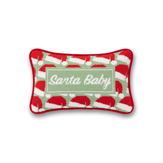 Santa Baby mini needlepoint pillow with red trim and white script text