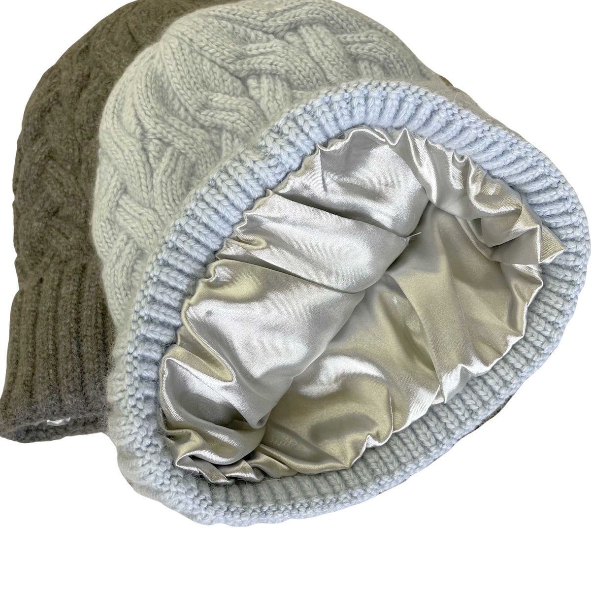 Gray cashmere beanie interior showing satin lining inside ribbed knit