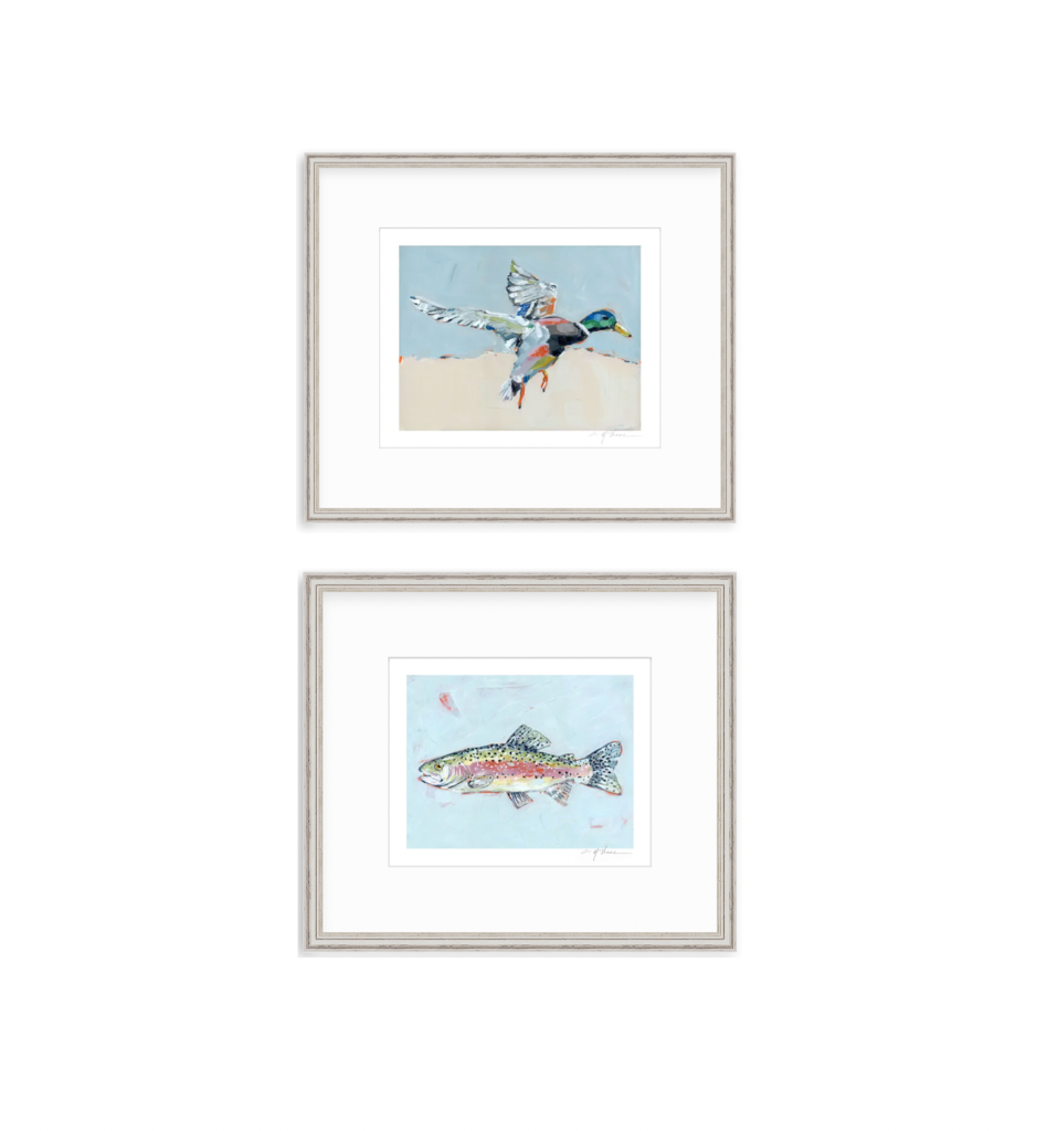 Two fine art prints with antique silver frames, featuring mallard duck and fish