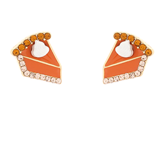 Pumpkin pie stud earrings with orange enamel, rhinestone crust, and white whipped cream details