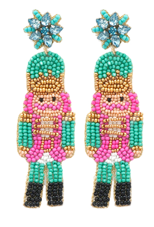 Pair of beaded nutcracker earrings with turquoise, pink, gold, and black beads