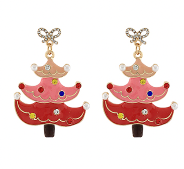 Christmas tree bow earrings with red and pink enamel tiers, colorful gem accents, and gold-tone trim