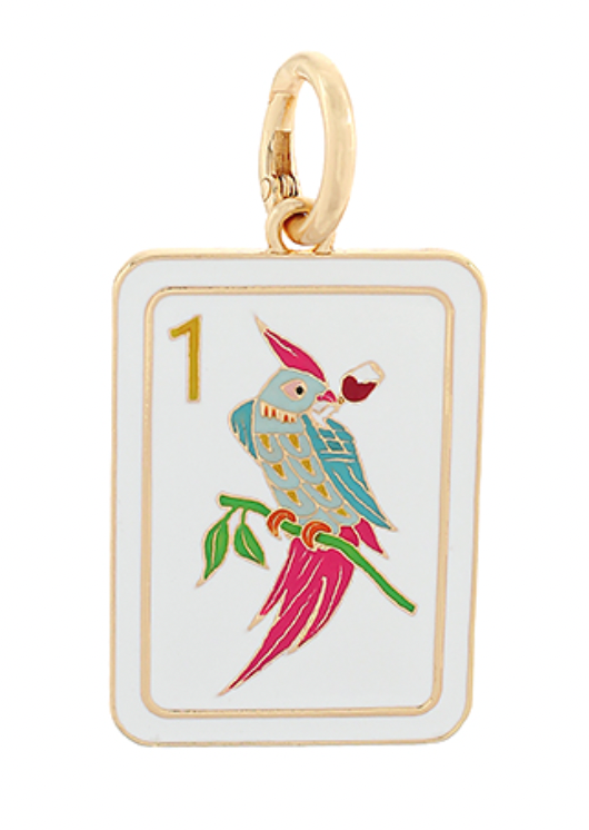 Gold-tone mahjong tile charm with a colorful bird and number one design