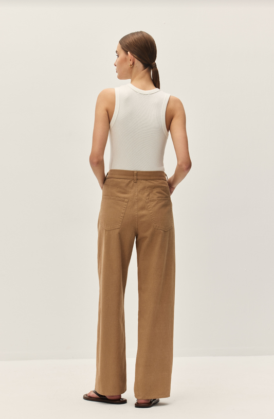 Mocha wide-leg pants, back view, drawstring waistband and side pockets