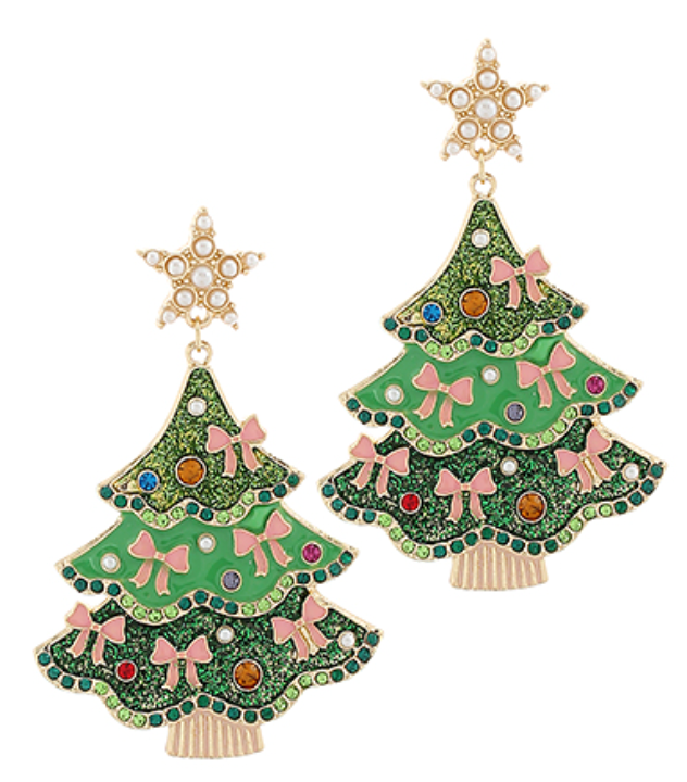 Gold-tone Christmas tree drop earrings with star studs, pink bows, and colorful gem accents