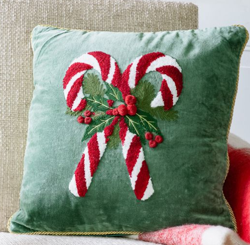 18-inch velvet pillow with crossed red and white candy canes and holly embroidery