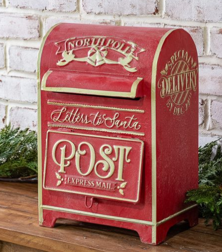 14-inch red tin holiday mailbox with gold trim and raised lettering for letters to Santa