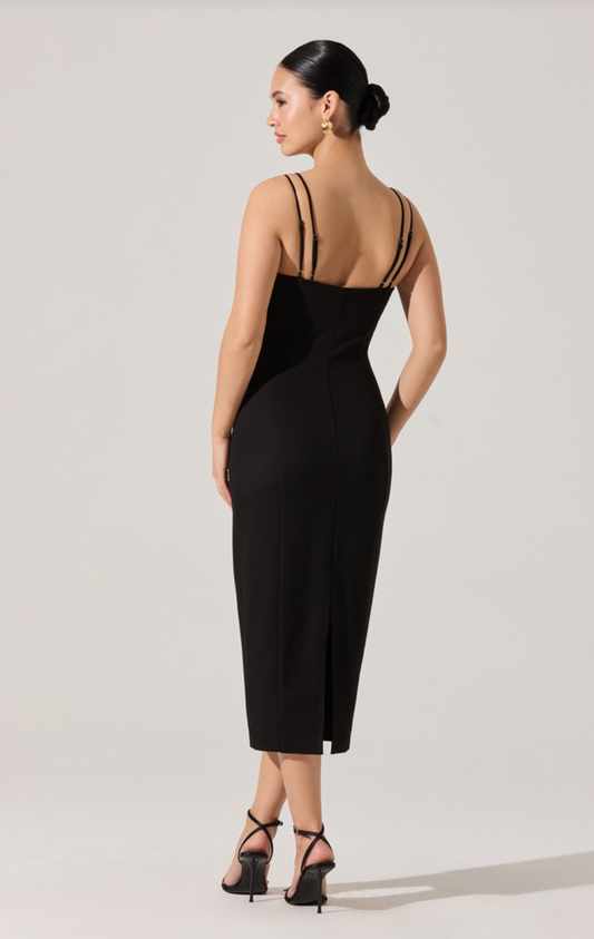 Black midi dress with spaghetti straps and back view with narrow strap details