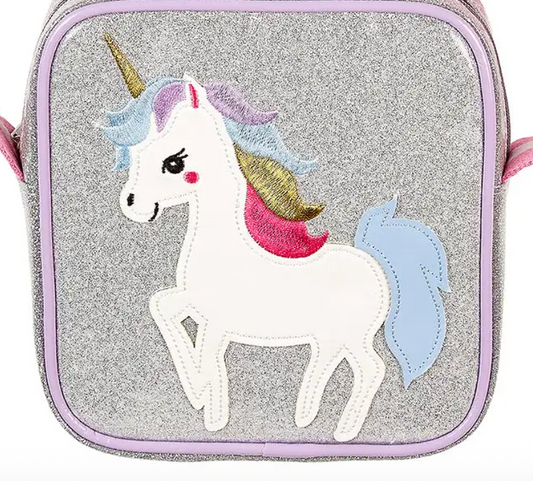 Silver glitter unicorn crossbody purse, rainbow mane, purple-trimmed zipper
