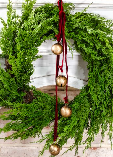Four-bell hanger with maroon velvet ribbons and burnished gold bells