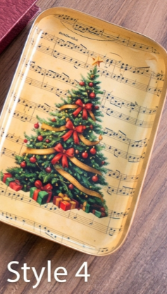 Rectangular trinket tray with a decorated Christmas tree on sheet music