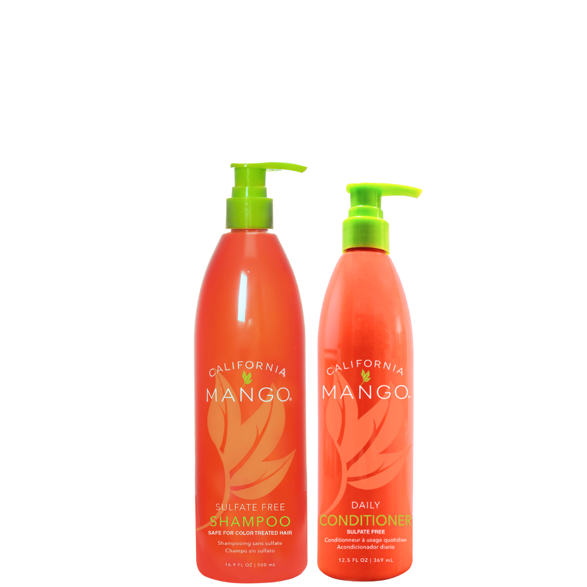 Shampoo and daily conditioner duo in two coral bottles with bright green pumps