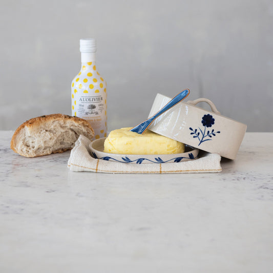 Stoneware butter dish set with lid and tray, cream base, blue flower pattern