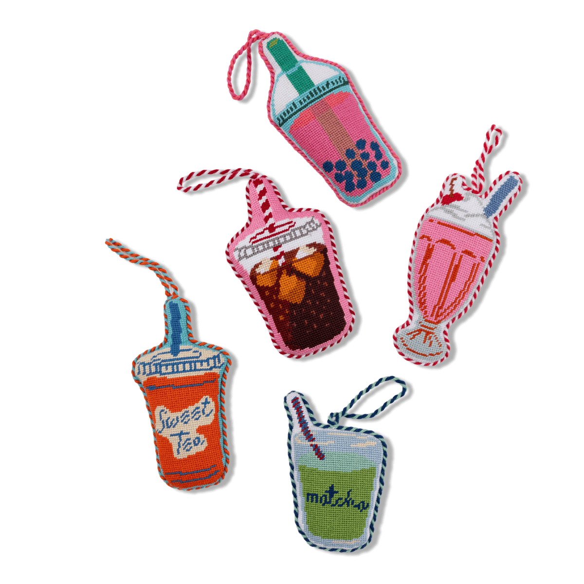 Bottle-shaped needlepoint ornaments with colorful embroidered designs, assorted