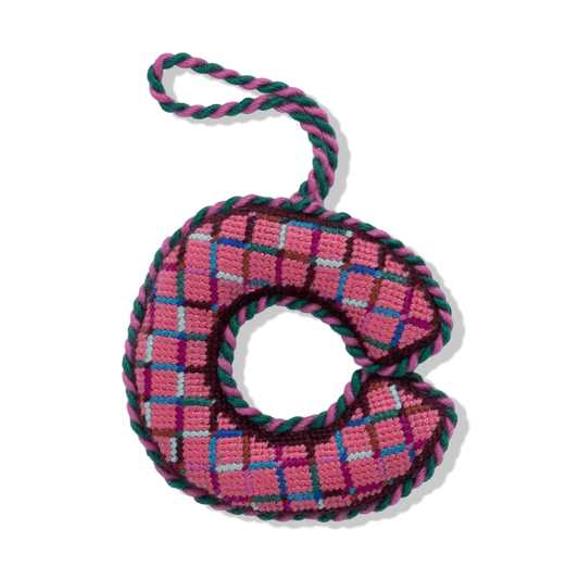 Needlepoint monogram ornament letter C, pink and teal checkered fabric ring with loop.