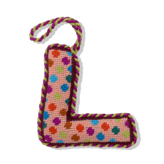Needlepoint monogram ornament letter L with multicolor stitched pattern and hanging loop