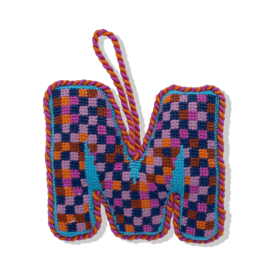 Needlepoint monogram ornament M, multicolor checkered stitched letter with hanging loop
