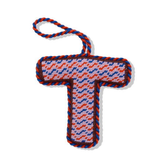 Needlepoint monogram T ornament, blue and orange stitch design with hanging loop