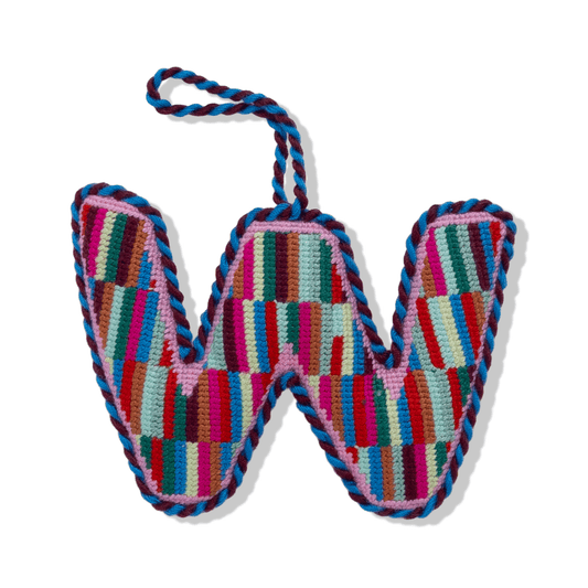 Needlepoint monogram ornament letter W, multicolor striped stitched fabric with hanging loop