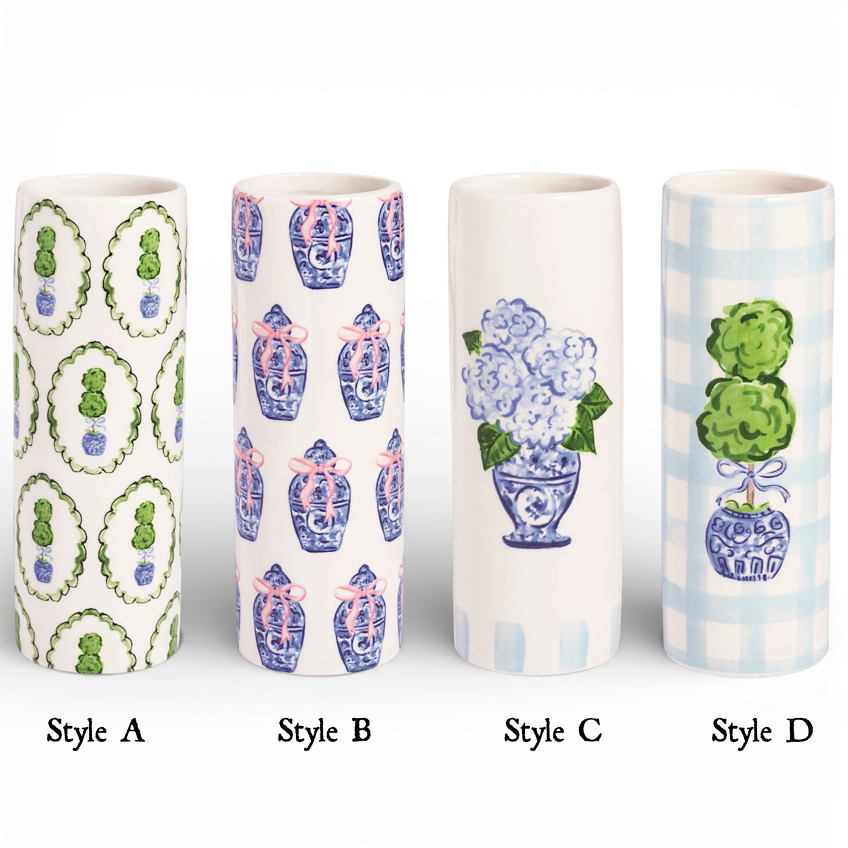 Set of tall ceramic topiary vases with green medallion, blue vase, floral, and check designs
