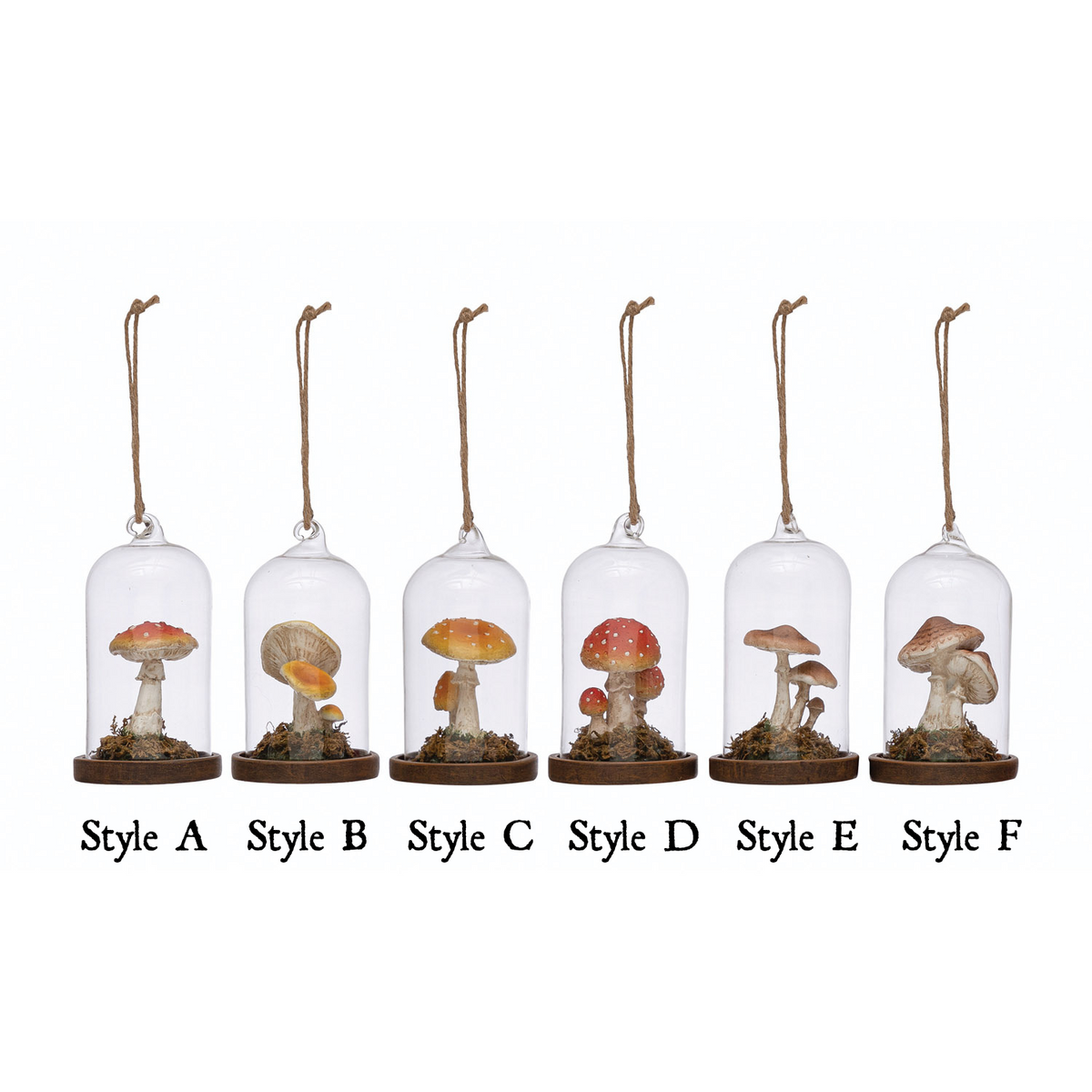 Glass cloche mushroom ornament set with styles A–F, hanging twine and bases