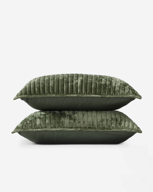 Olive velvet shams set, showing vertical ribbing and a low-profile piped finish