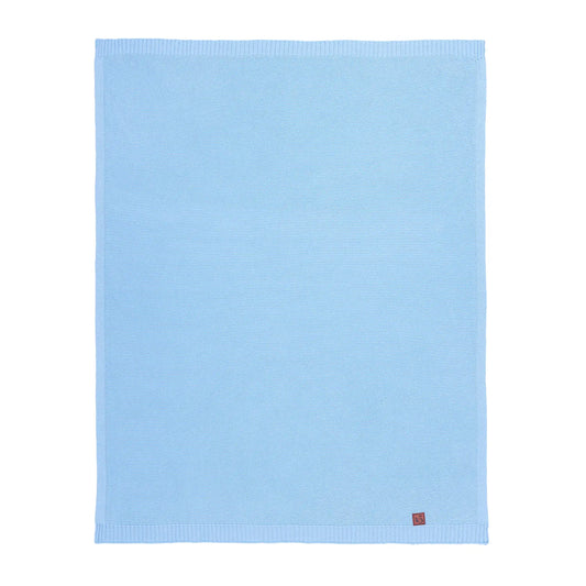 Light blue knit cotton baby blanket, smooth body with ribbed border and logo patch.
