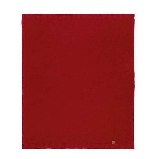 Red knit cotton baby blanket, square face with ribbed hem and small corner tag