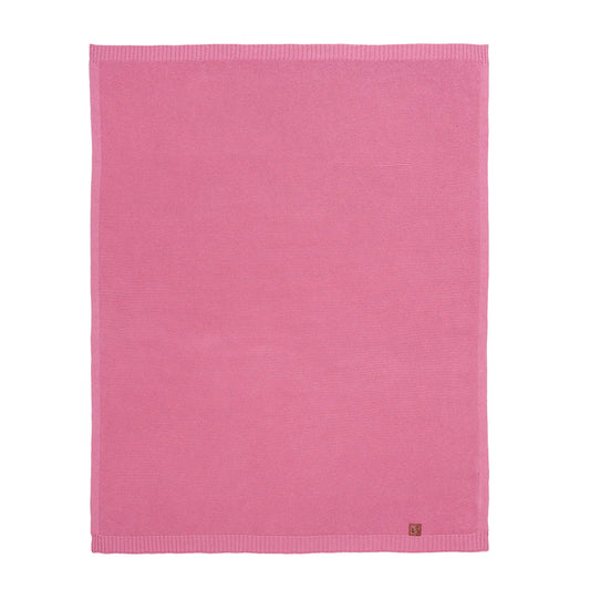 Rose pink knit cotton baby blanket, folded flat with ribbed edge trim.