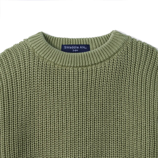 Sage green chunky knit baby romper with ribbed crew neckline