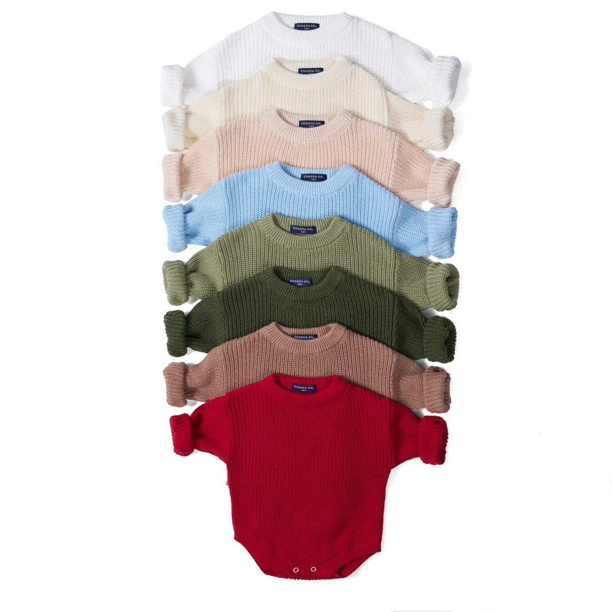Multi-color chunky knit baby romper set in white, cream, blue, green, tan, red