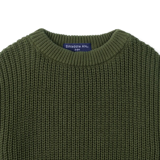 Forest green chunky knit baby romper with ribbed crew neckline and textured knit