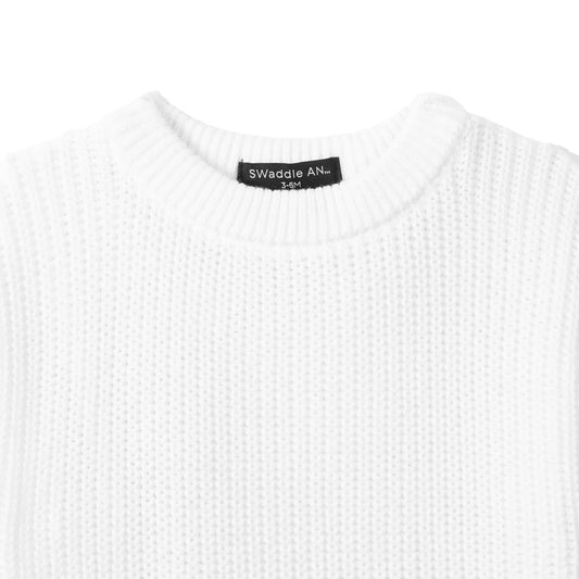 White chunky knit baby romper with crew neck ribbing