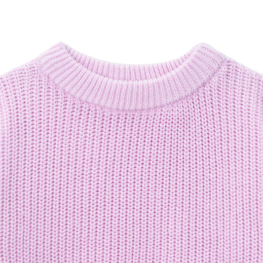Lilac knit baby sweater with ribbed crew neck and textured stitch knit