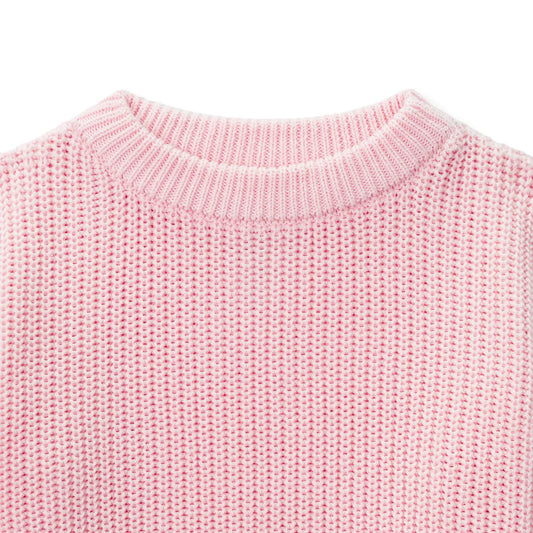 Pink knit baby sweater crew neck with textured stitch detail