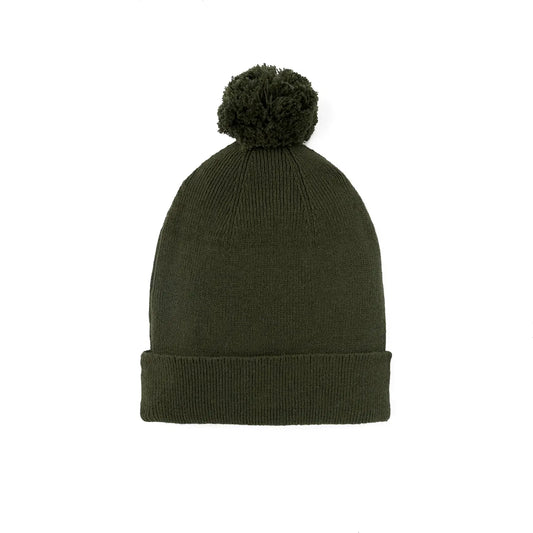 Forest green knit baby beanie with pom-pom