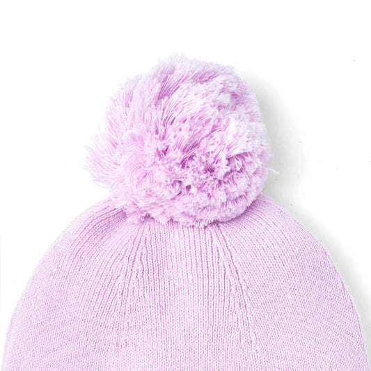 Lilac knit baby beanie with large fluffy pom and ribbed fold-up cuff