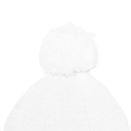 White knit baby beanie with pom-pom, ribbed brim