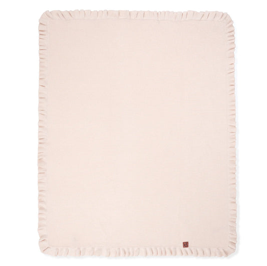 Beige knit baby blanket square with ruffled border, flat view