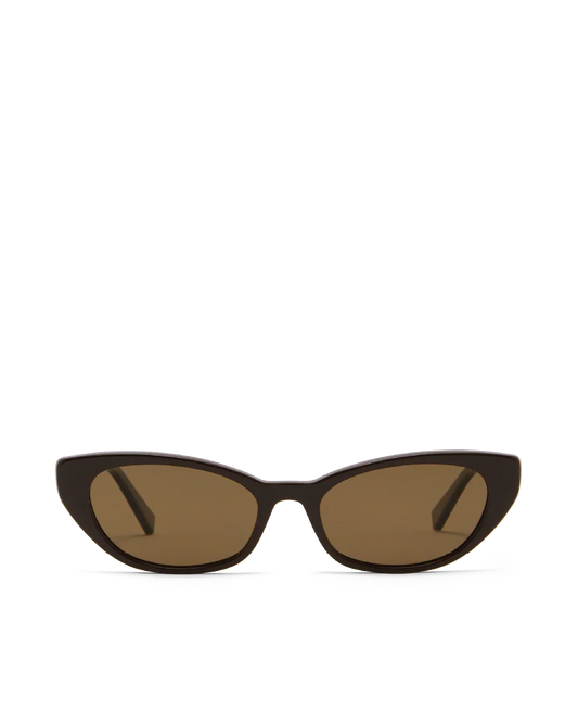 Cat-eye sunglasses with dark brown frames and tinted brown lenses